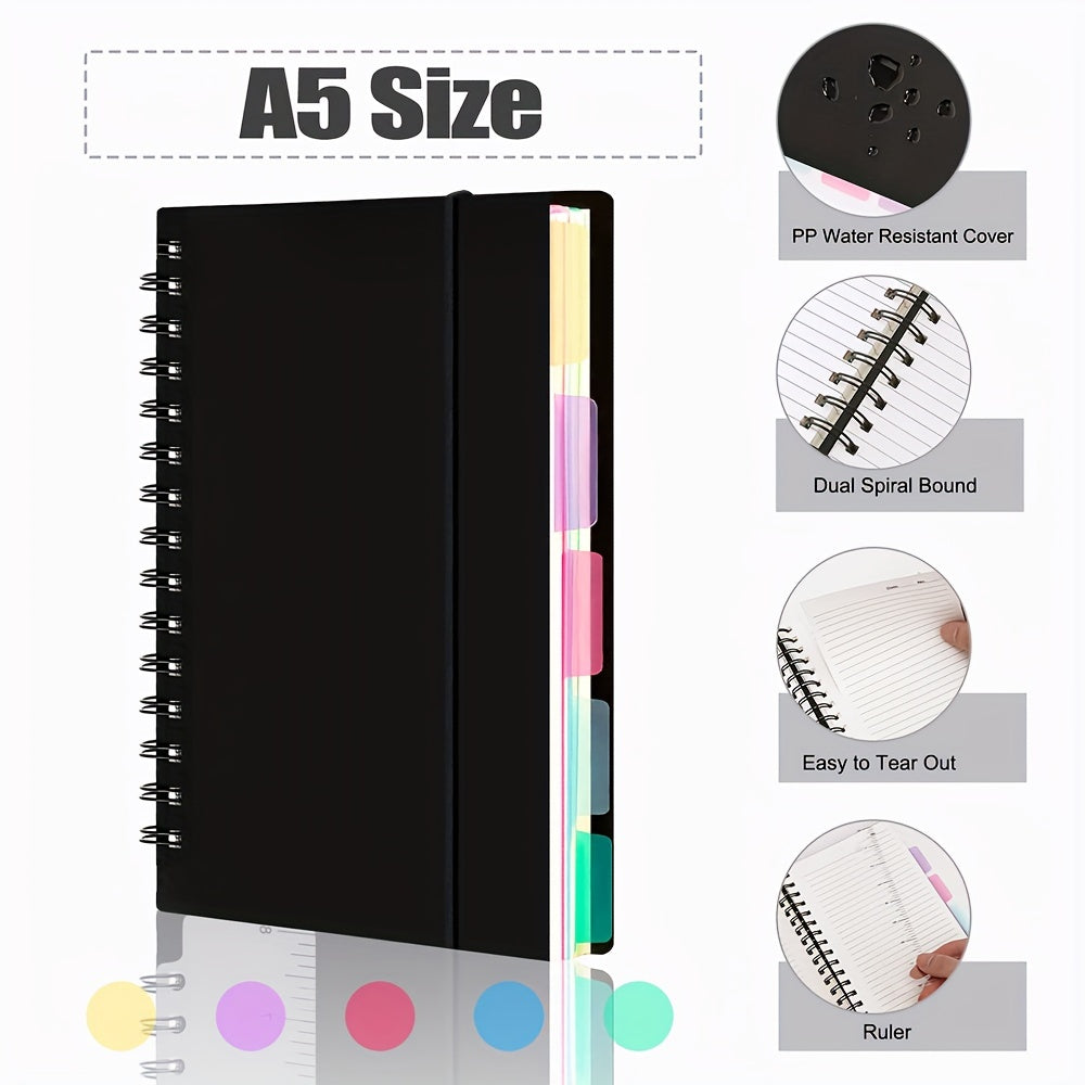 A5 Spiral Notebooks with 5 Colored Dividers - 240 Pages
