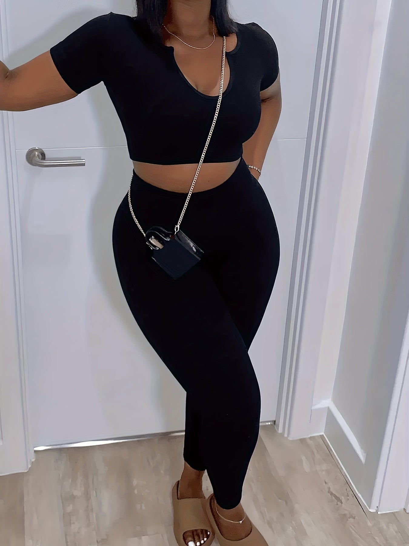 Short Sleeve Crop Top & Pants Outfits Set