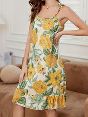 Floral Lounge Dress Ruffle Lace Up Slip Home Dress