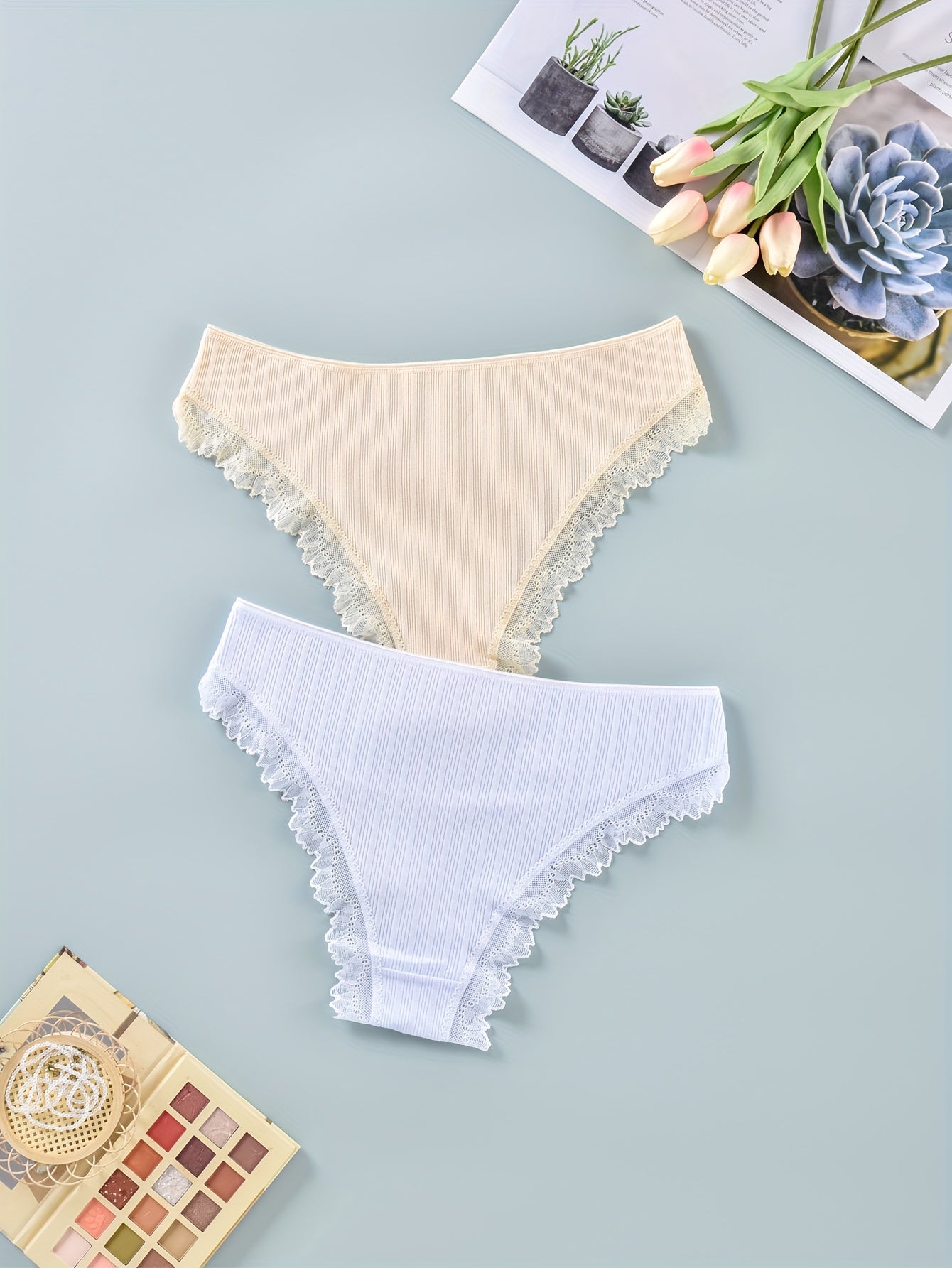 2 Pack Plus Size Lace Trim Mid Waist Briefs Set