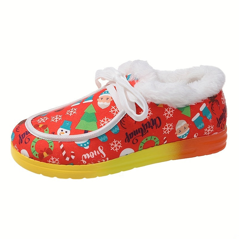 Women's Christmas Snow Boots Snowman Prints Winter Warm Lace-up Shoes