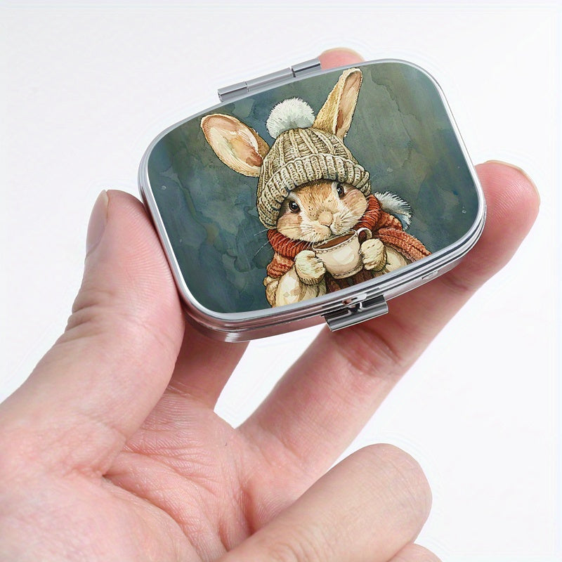 Winter Bunny 2 Compartment Pill Organizer Metal Case