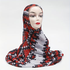 Geometric Dotted Print Red Scarf Hijab Vintage Windproof Head Wrap