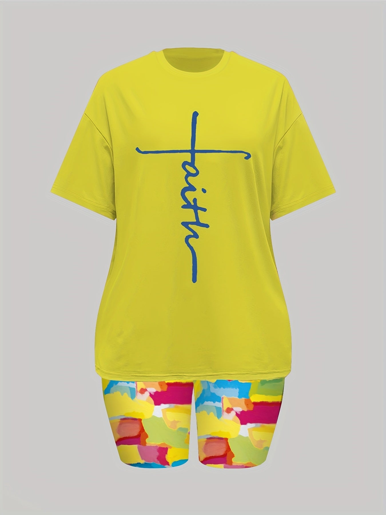 Cross Print Tee & Shorts Set Casual 2pcs Outfits Women's Clothing