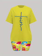 Cross Print Tee & Shorts Set Casual 2pcs Outfits Women's Clothing