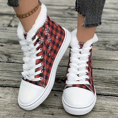 Christmas Plaid Plush Lined Flat Snow Shoes Keep Warm Canvas Sneakers
