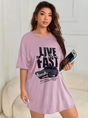 Retro Nightdress Women's Plus Letter & Car Print Short