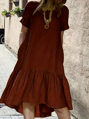 Solid Round Neck Smock Dress With Pockets