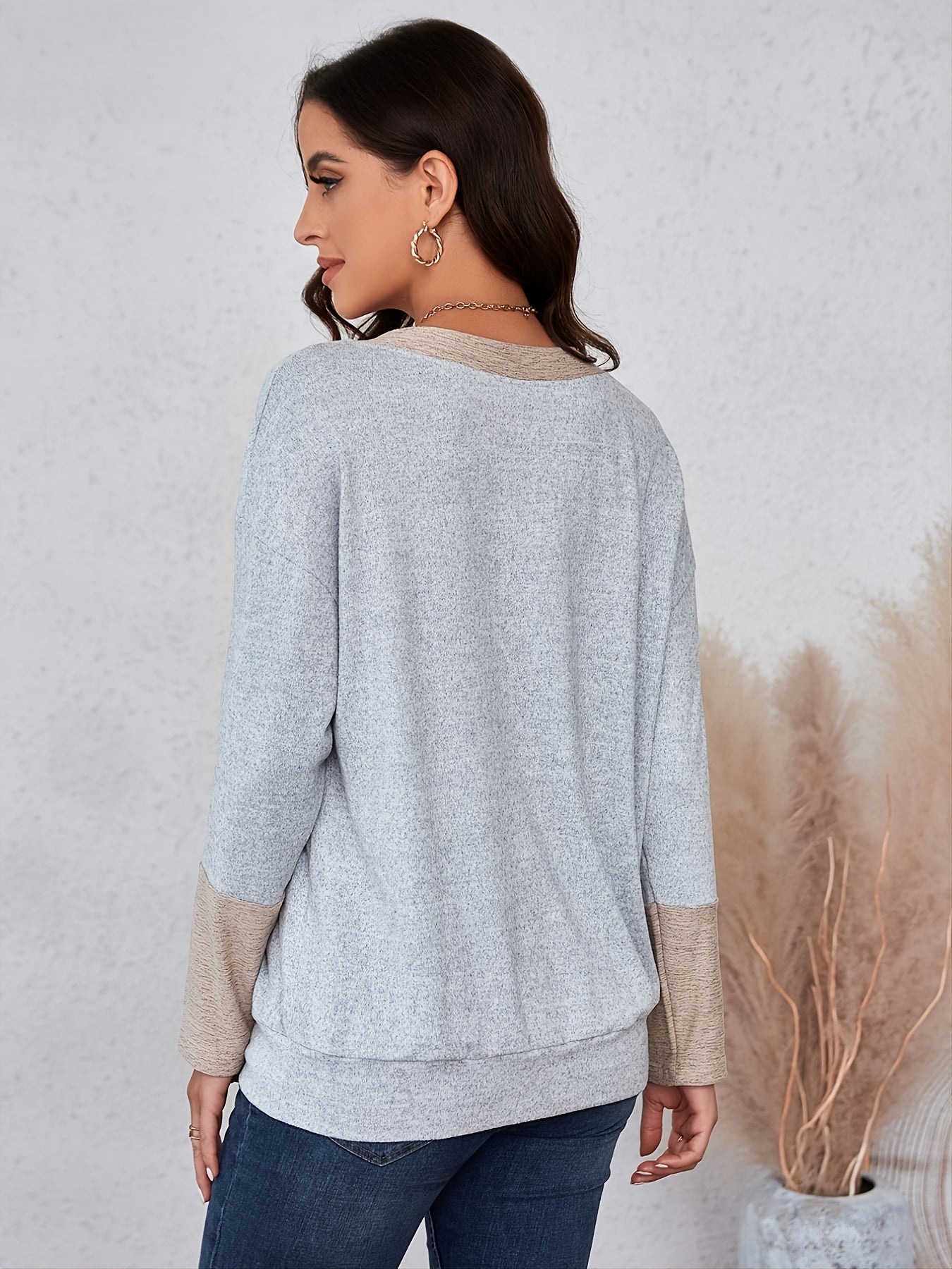 Women's V-Neck Block Sweatshirt Loose Pullover