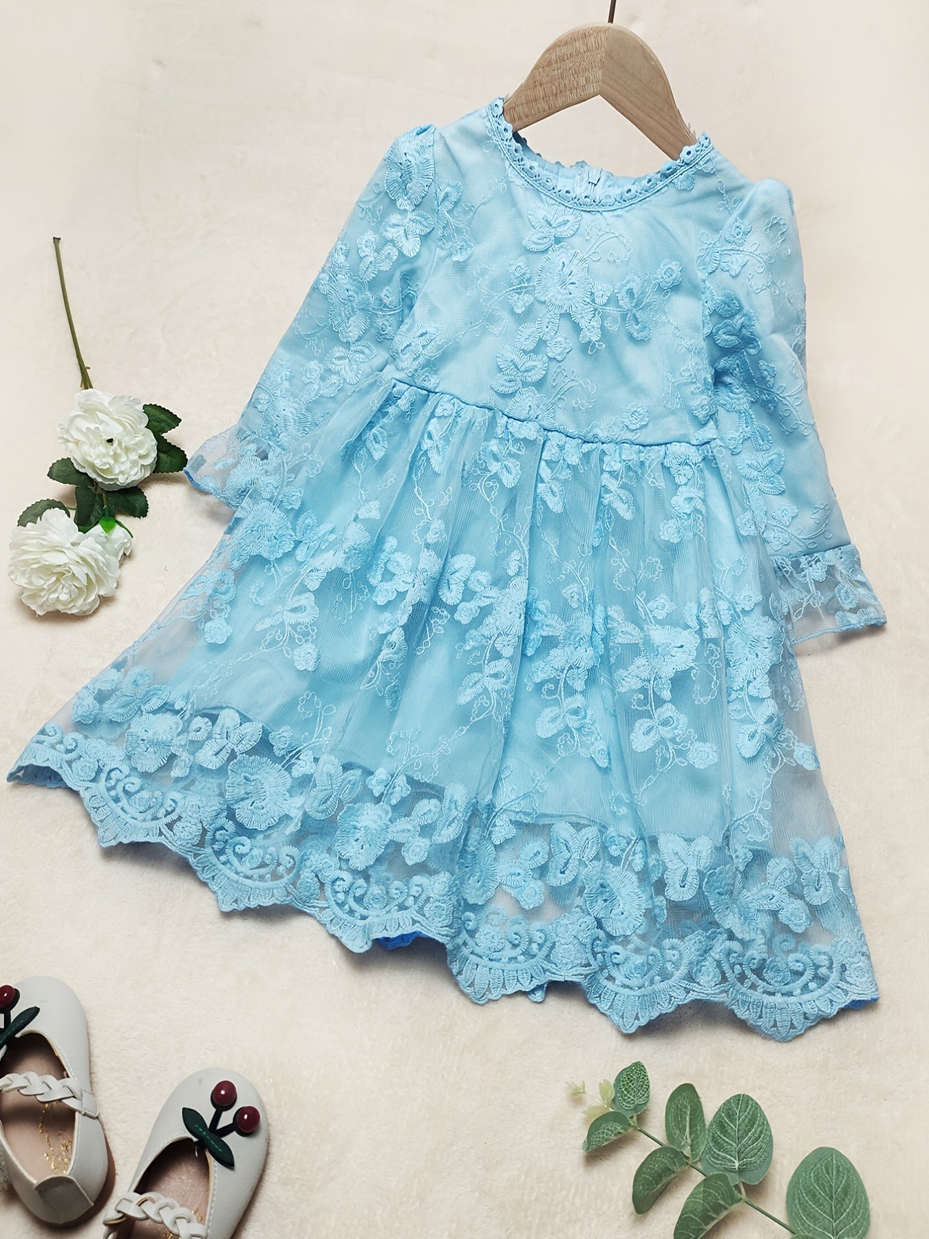 Girls Flower Embroidery Lace Princess Dress Long Sleeve Kids Clothes