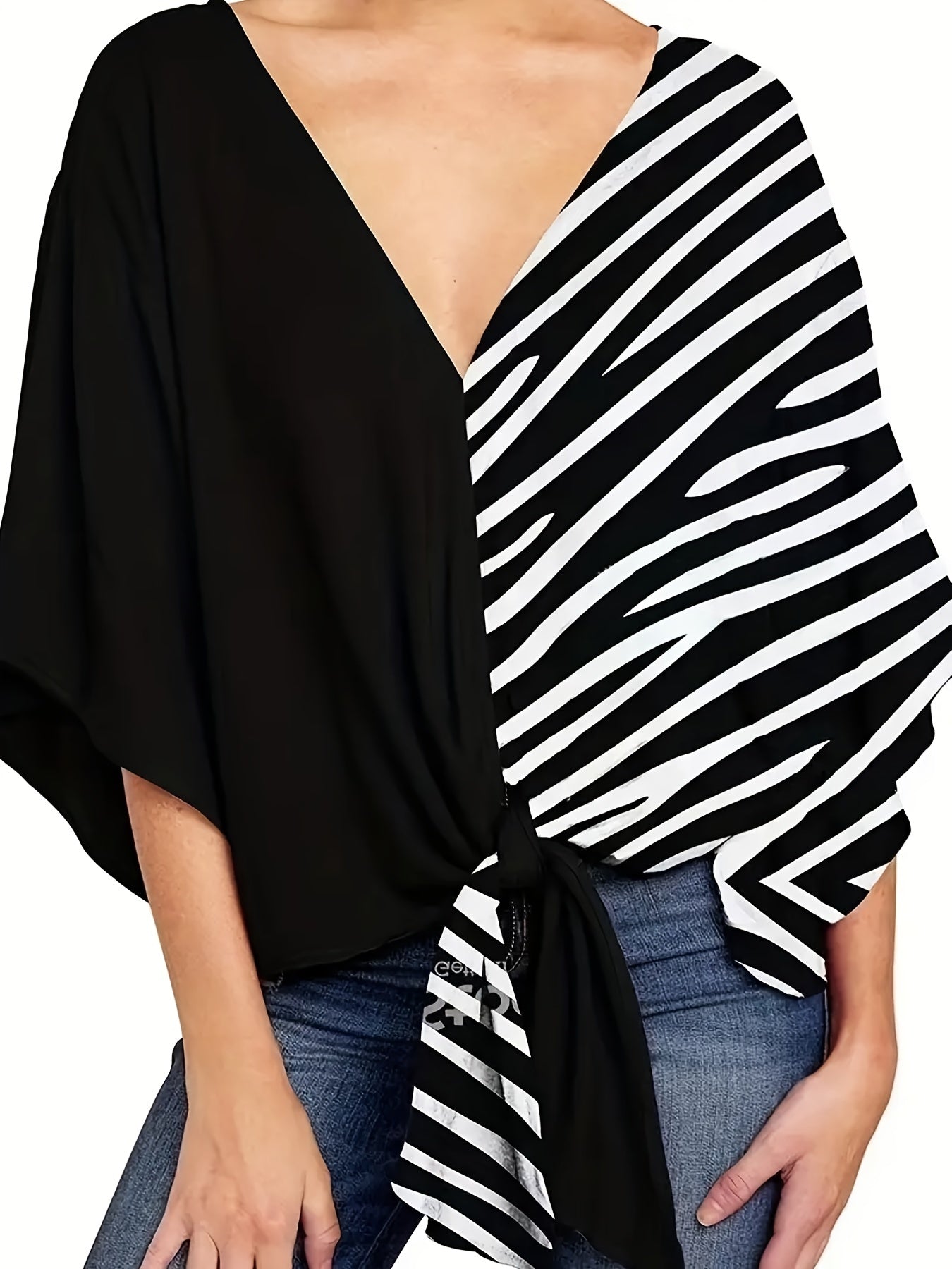 Floral Print V Neck Tie Sleeve Blouse