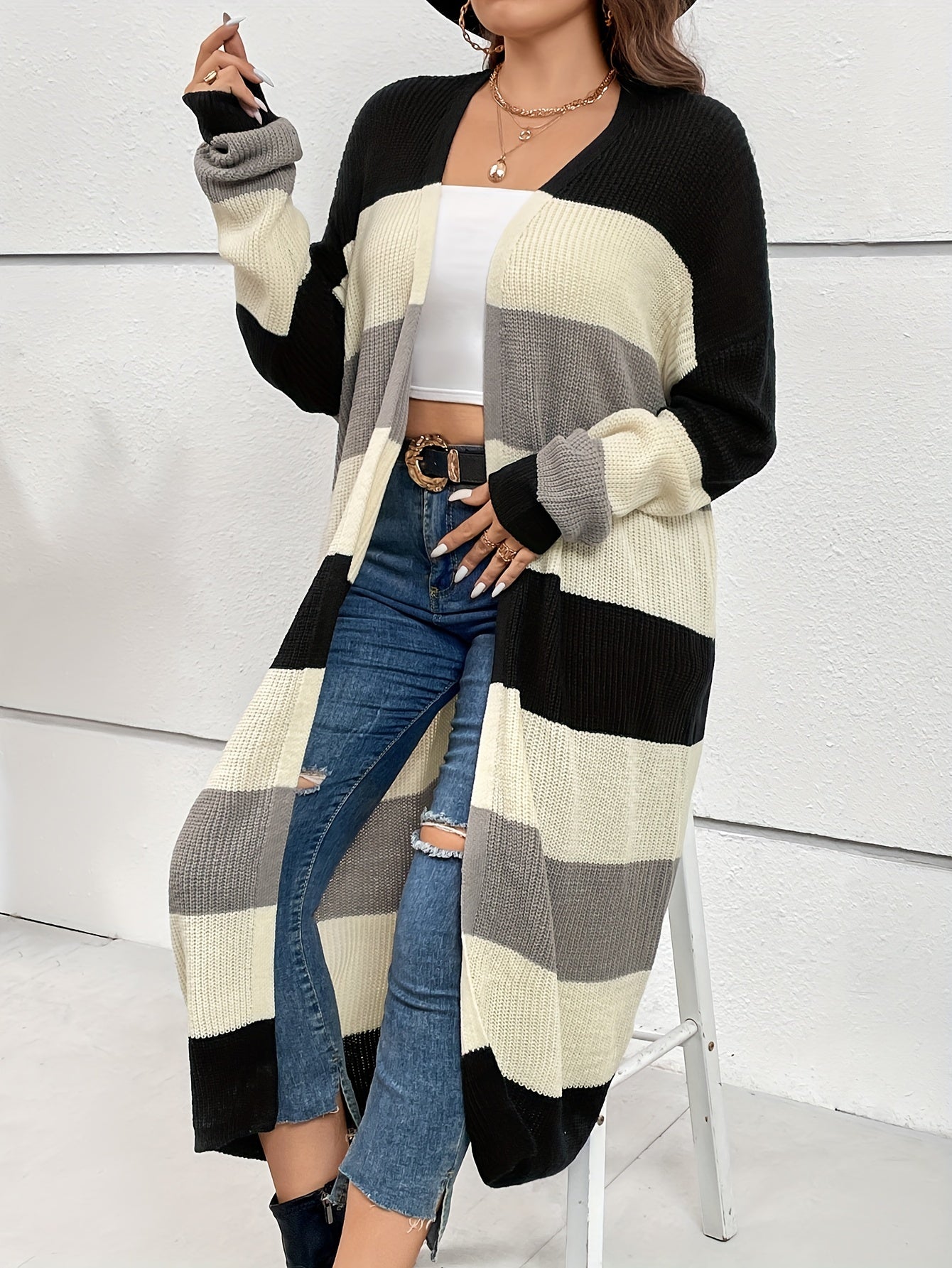 Colorblock Long Sleeve Longline Cardigan Women's Plus