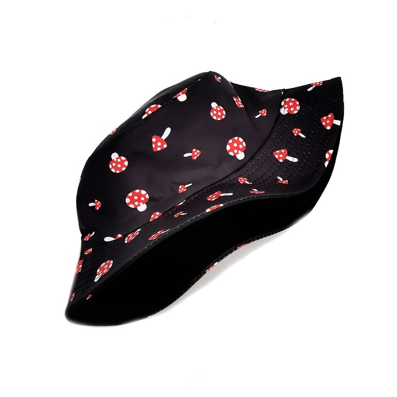 Red Mushroom Print Bucket Hat Solid Reversible Fisherman Cap