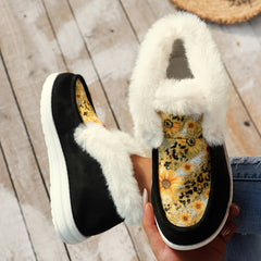 Sunflower Print Furry Snow Boots Plush Lined Warm Loafers
