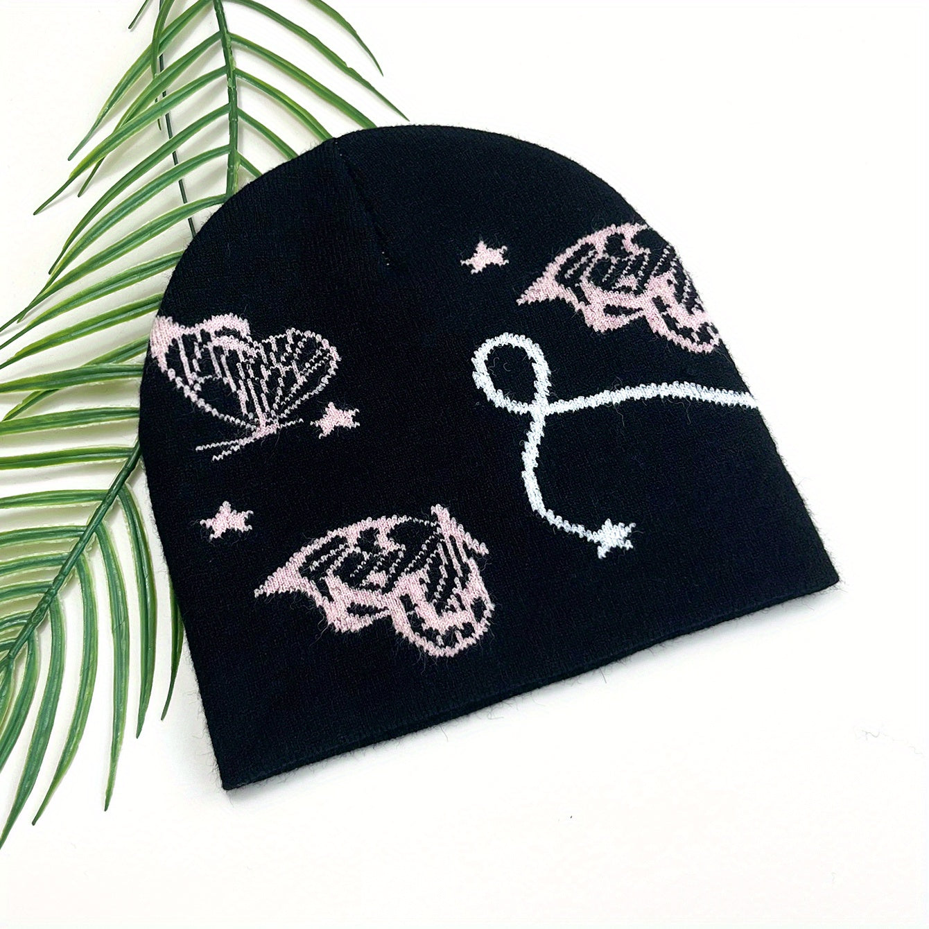 Pink Butterfly Jacquard Beanie Soft Knit Hat for Women