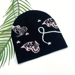 Pink Butterfly Jacquard Beanie Soft Knit Hat for Women