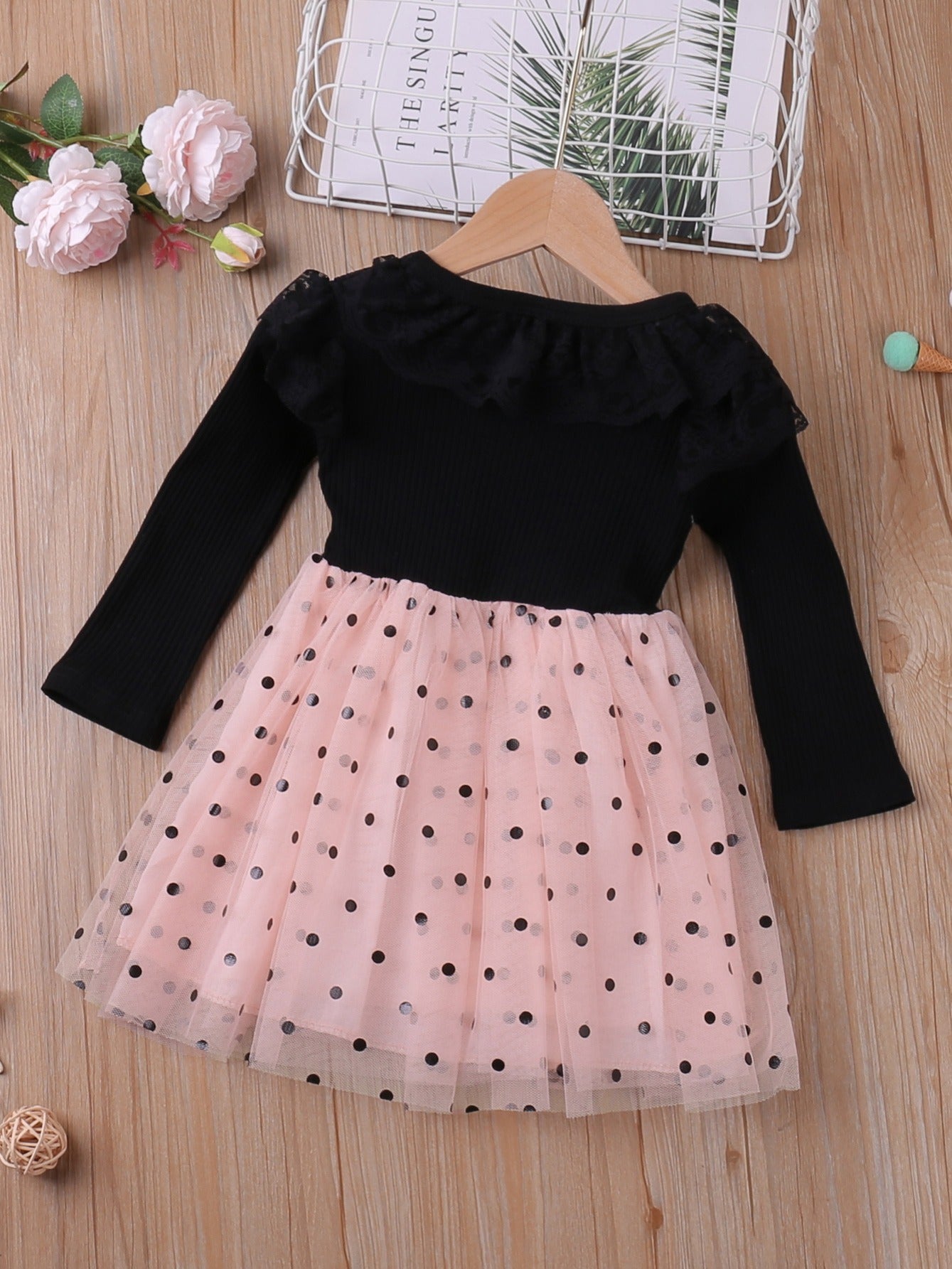 Girls Mesh Dress with Ruffle Brim Polka Dot Print - Kids Clothes