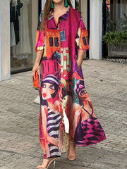 Painting Print Button Up Maxi Shirt Dress