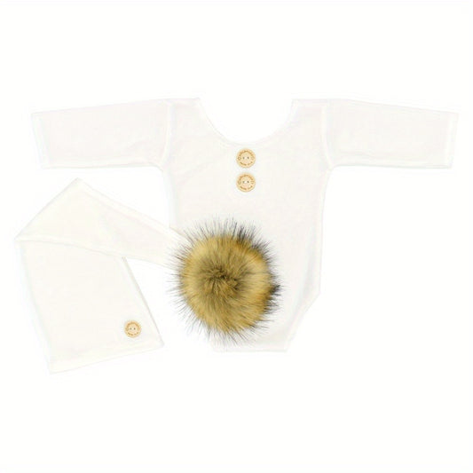 Newborn Baby Photo Props Suit with Fur Ball Long-tailed Cap
