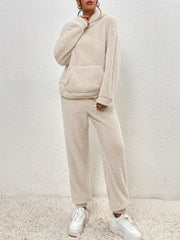 Solid Teddy Two piece Set Long Sleeve Hooded Tops & Warm Pants Outfits