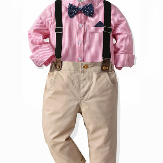 Baby Boys Gentleman Outfit Long Sleeve Button Down Bowtie Striped Shirt