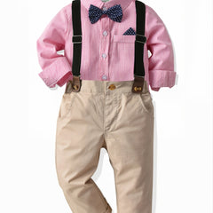 Baby Boys Gentleman Outfit Long Sleeve Button Down Bowtie Striped Shirt