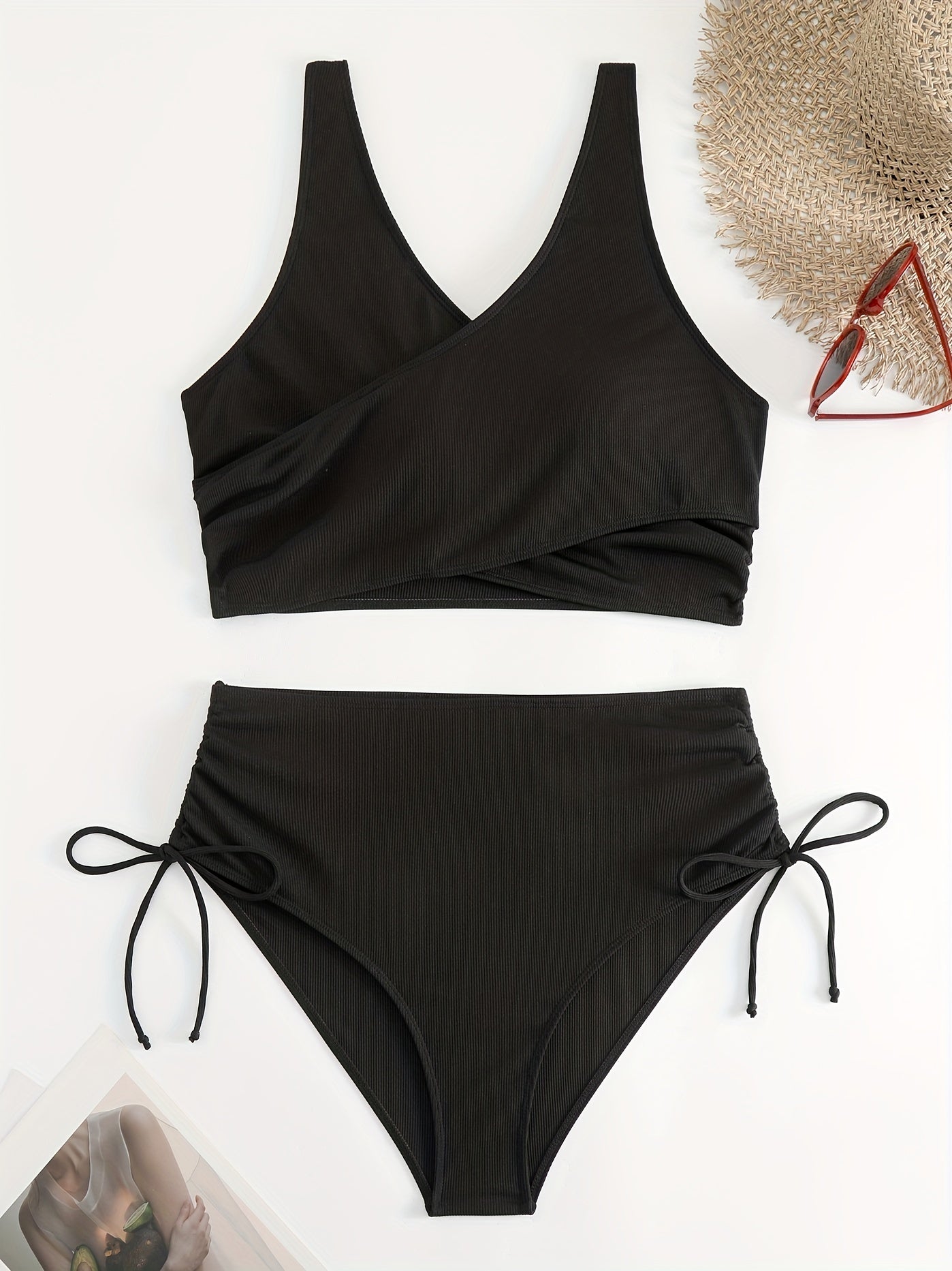 Solid Surplice Neck Crop Tank Top & Panty Swimsuit Set