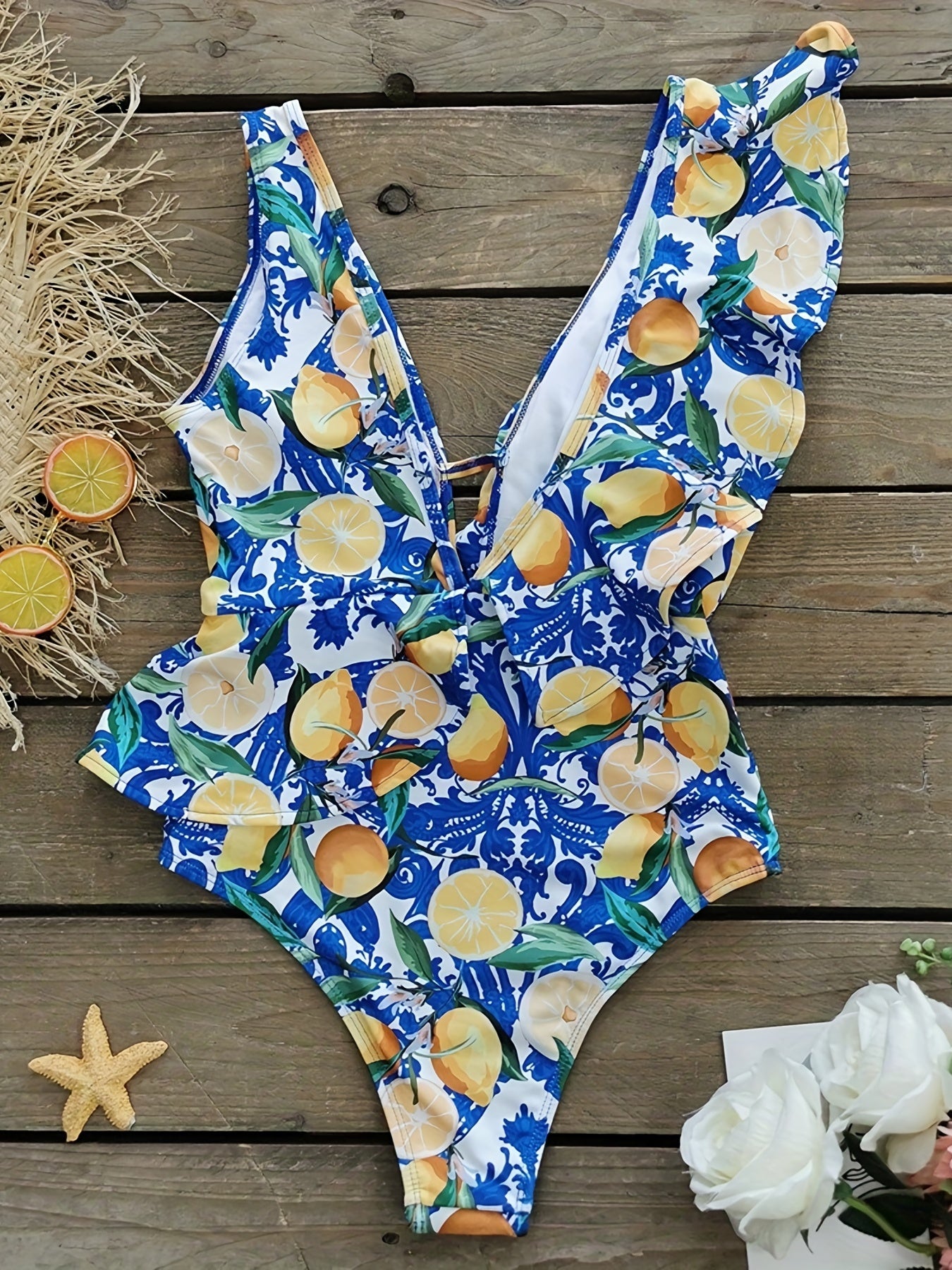 Lemon Print Ruffle Trim One Piece Swimsuit Deep V Neck Bathing Suit