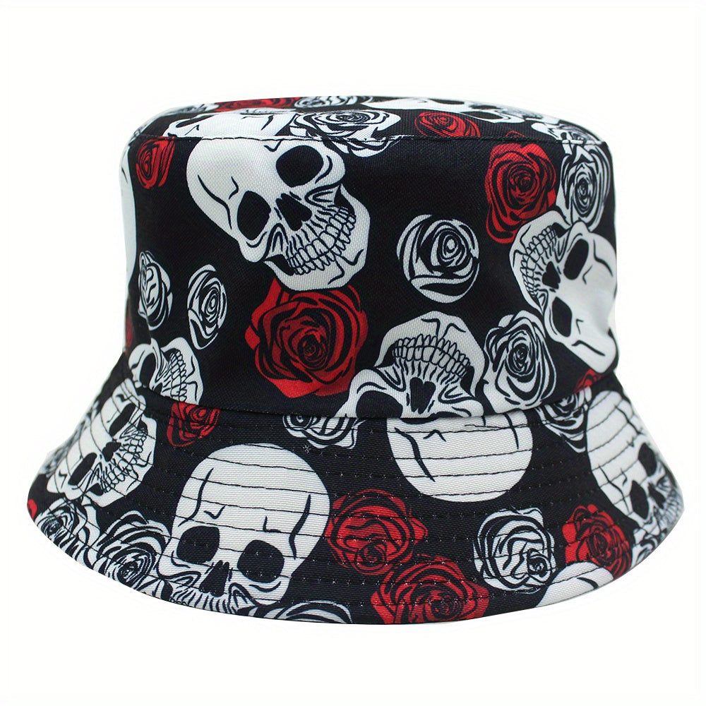 Skull Rose Flower Print Sunshade Bucket Hat for Men Women
