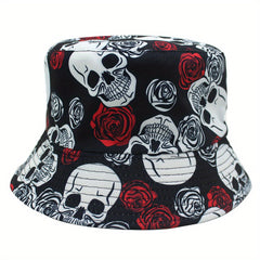 Skull Rose Flower Print Sunshade Bucket Hat for Men Women