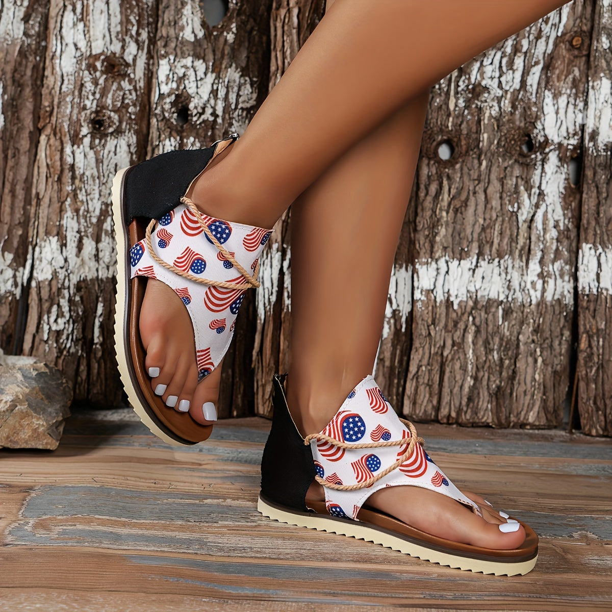 Women's Heart American Flag Flat Sandals, Comfy Sports Thong Sandals