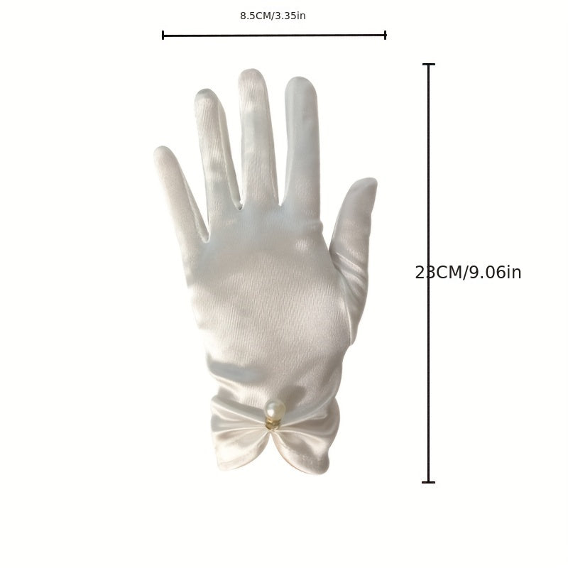 Faux Pearl Decor Satin Gloves Solid Elastic Gloves Wedding Bridal Dress Gloves