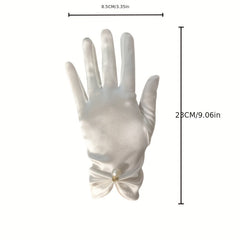 Faux Pearl Decor Satin Gloves Solid Elastic Gloves Wedding Bridal Dress Gloves