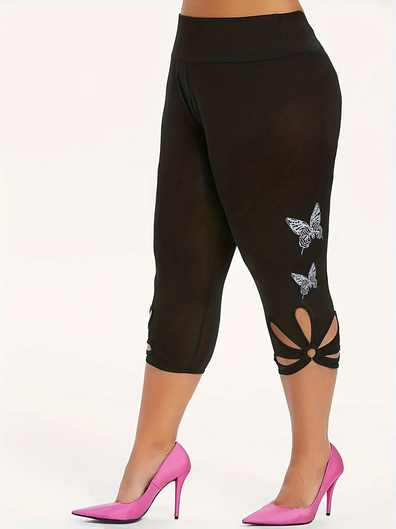Butterfly Print Cut Out Skinny Capris Leggings