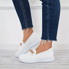 Women's Knitted Sock Sneakers Metallic Chain Slip On Low Top Flat Shoes