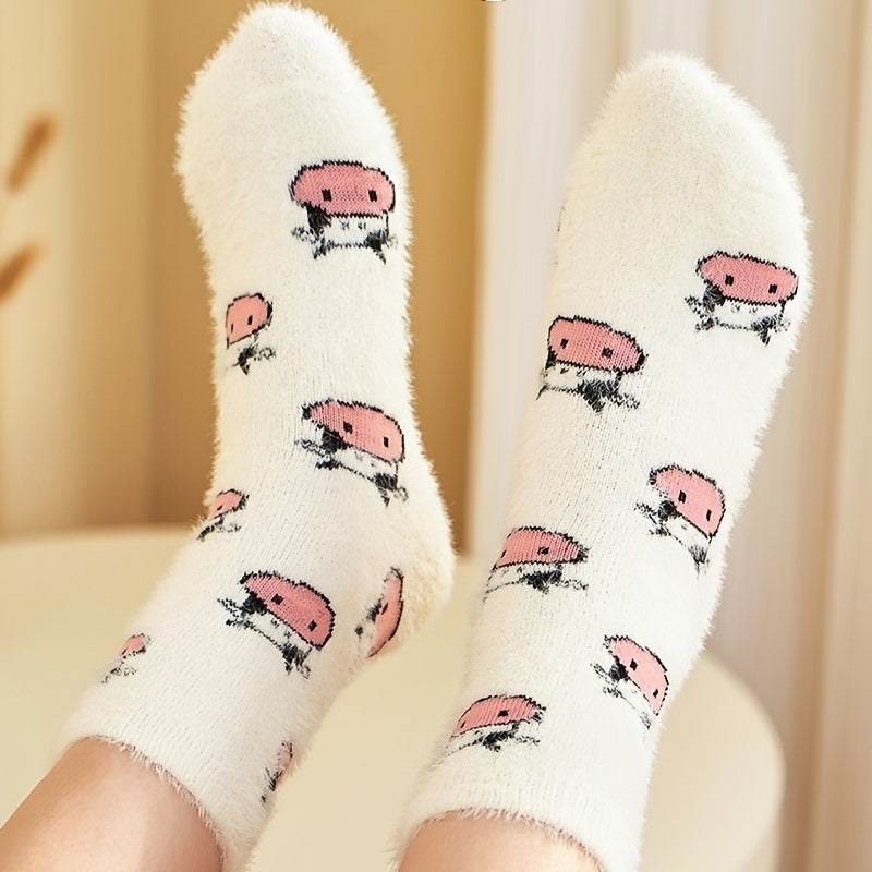 3 Pairs Cartoon Animal PomPom Socks - Women's Crew Length Stockings