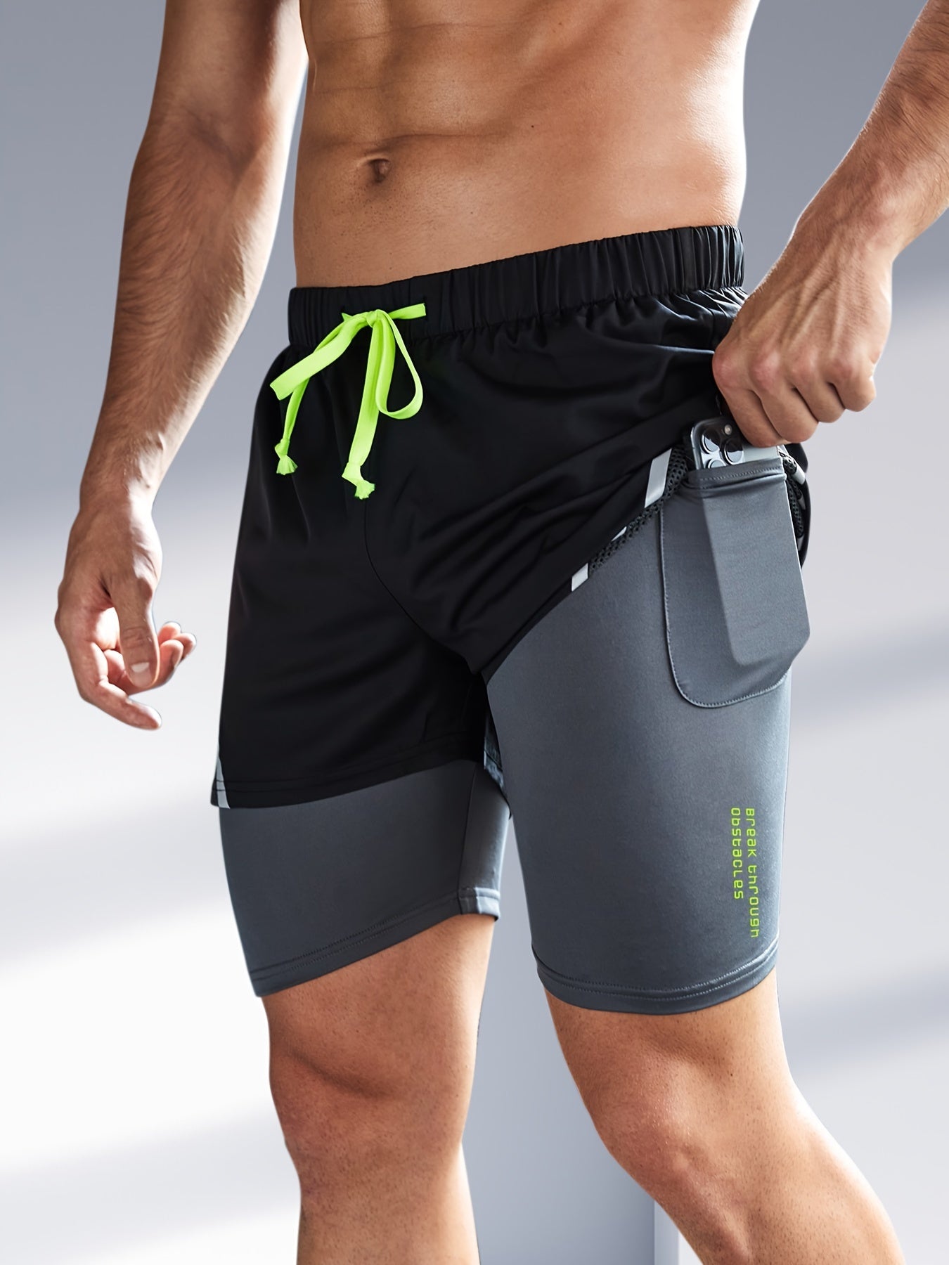 Men's 2 In 1 Running Shorts Phone Pocket Drawstring Sport Shorts