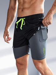 Men's 2 In 1 Running Shorts Phone Pocket Drawstring Sport Shorts