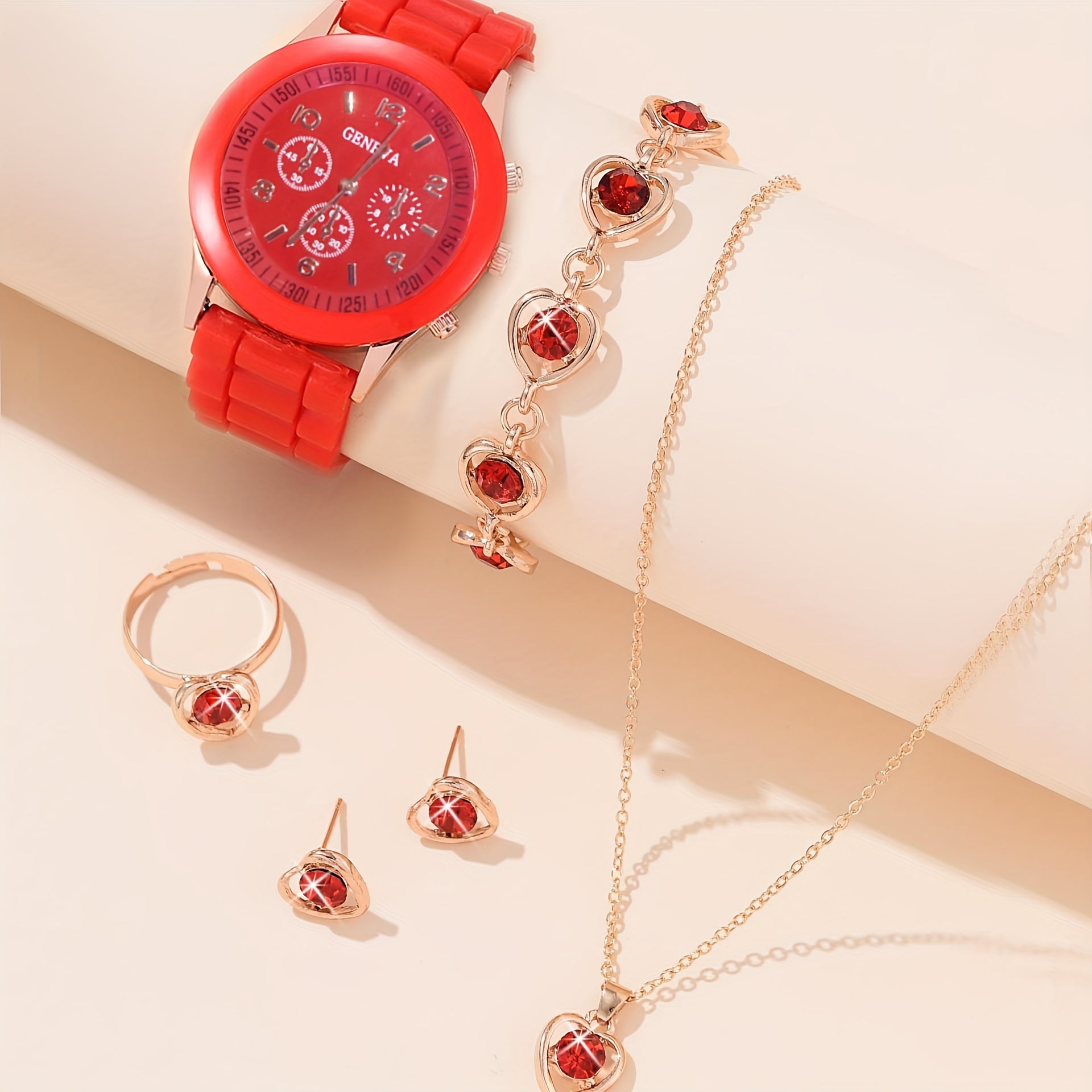 Silicone Quartz Watch & Heart Rhinestone Jewelry Set for Students