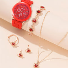 Silicone Quartz Watch & Heart Rhinestone Jewelry Set for Students
