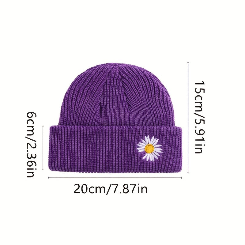 Daisy Embroidery Beanie Solid Skull Cap Lightweight Elastic Warm Knit Hat