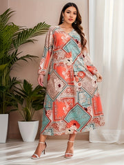 Boho Dress Women's Plus Scarf & Floral Print Maxi Dress