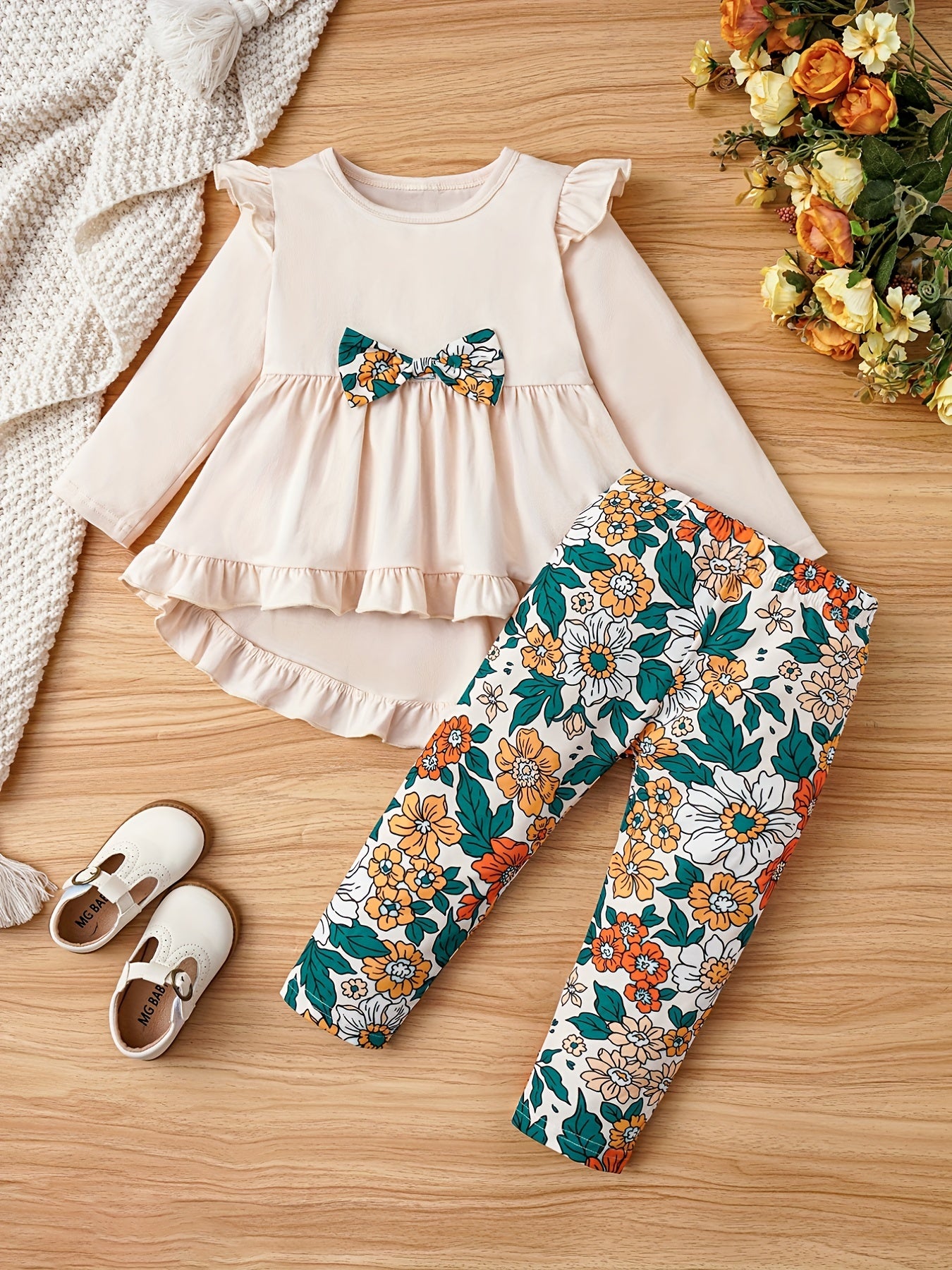 Toddler Girls Fall Outfit Bow Ruffle Shirt Floral Pants Suit