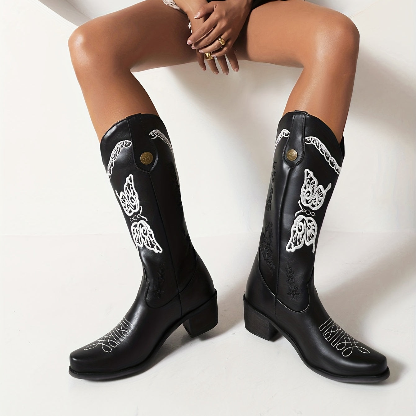 Women's Butterfly Embroidery Cowboy Boots Pull On Mid Calf Boots