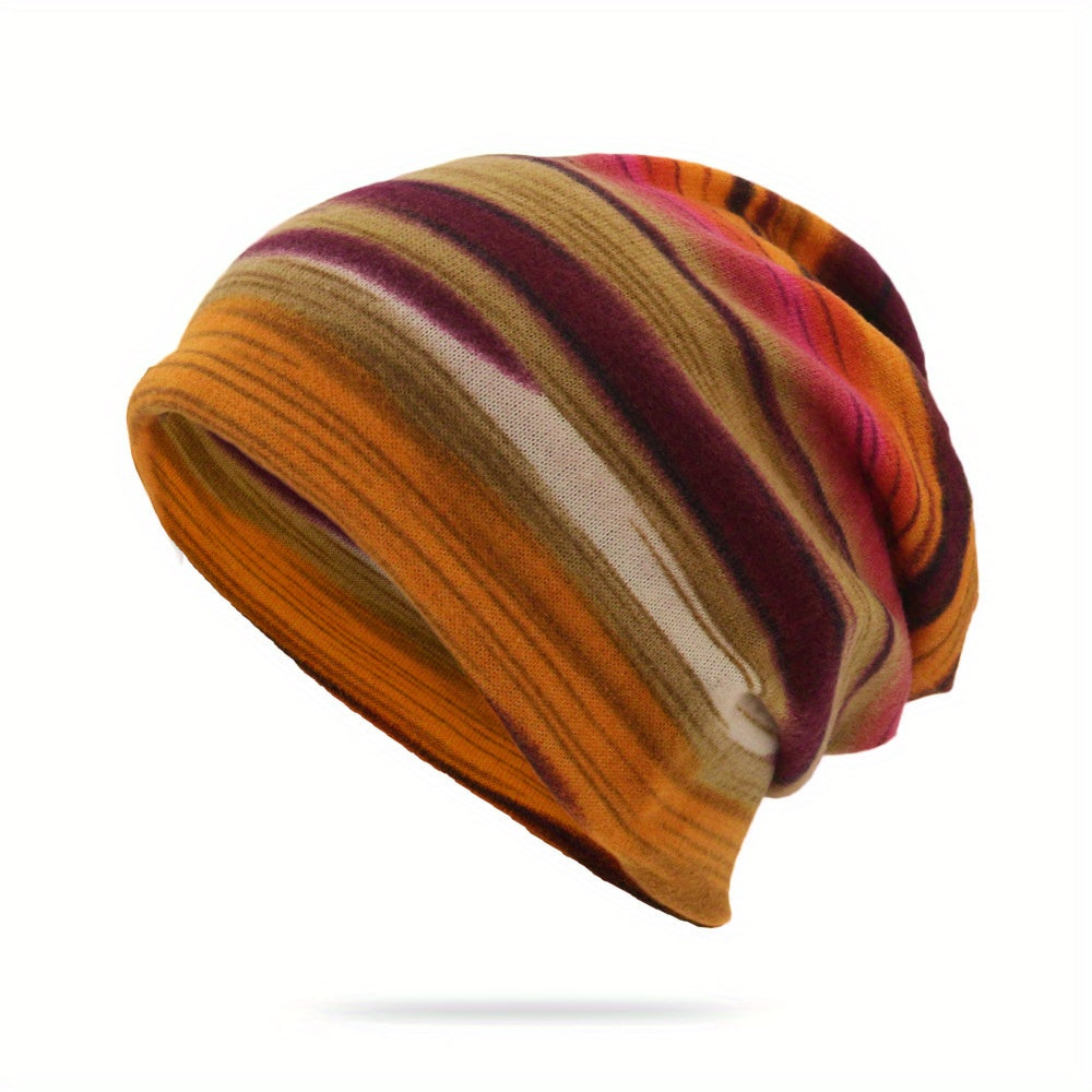 Striped Print Beanie Hip Hop Slouchy Knit Hat Soft Elastic Headwraps
