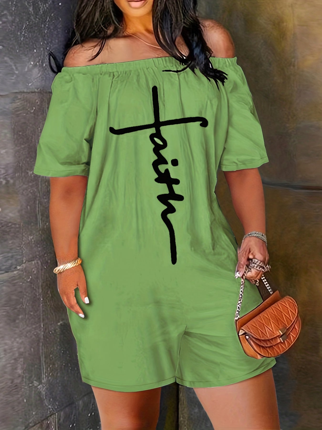 Faith Letter Embroidered Jumpsuit Off Shoulder Short Sleeve