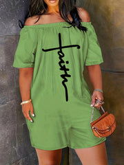 Faith Letter Embroidered Jumpsuit Off Shoulder Short Sleeve