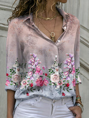 Women's Plus Floral Print Button Up Long Sleeve Blouse