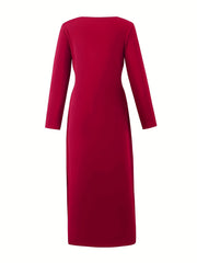Solid Dress Casual Twist Front V Neck Long Sleeve Midi Dress