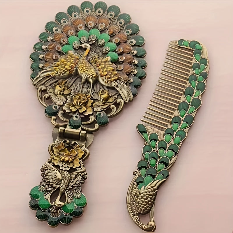 Vintage Peacock Vanity Makeup Mirror and Comb Set